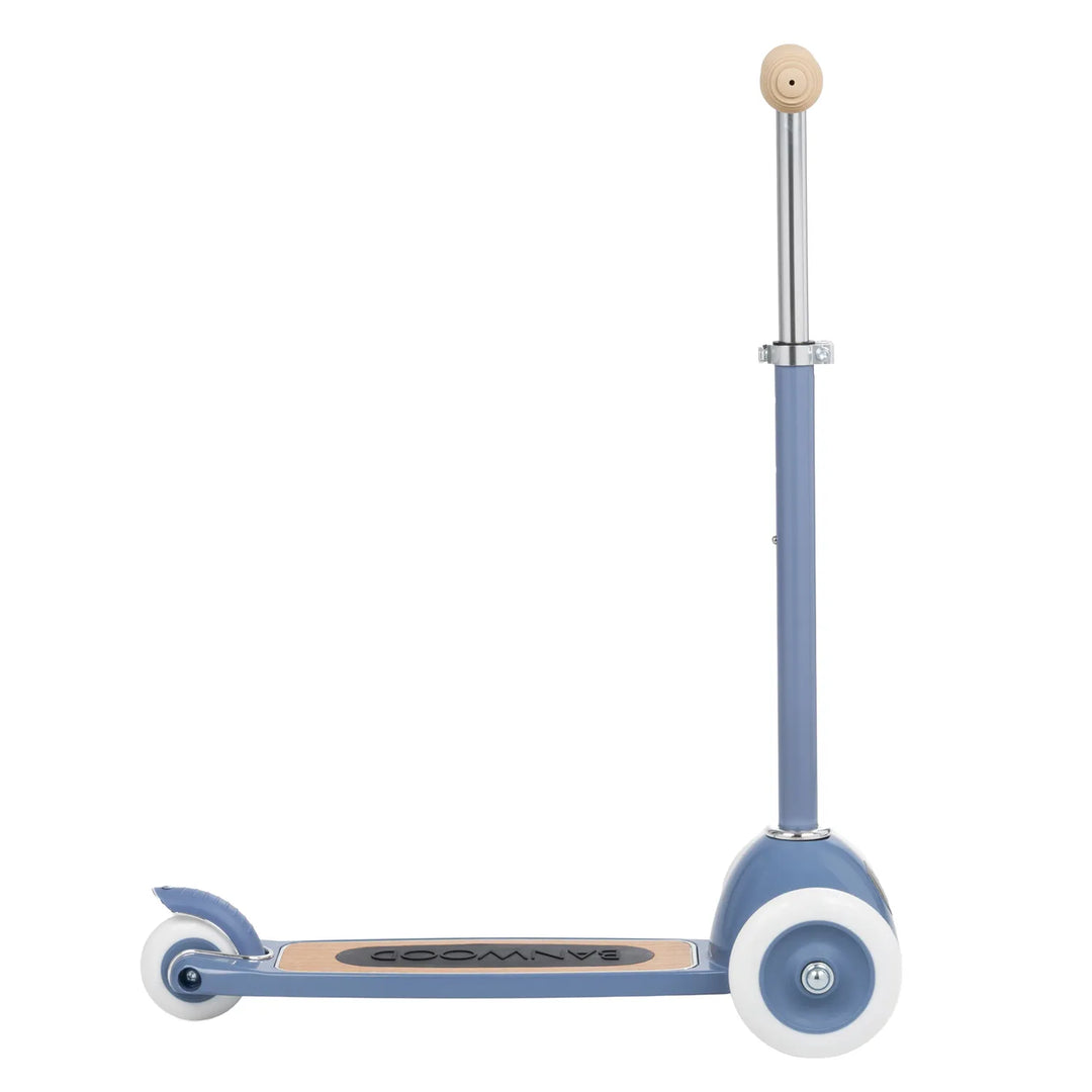 Side profile of Banwood scooter stem and wooden handlebar against white background