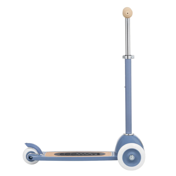 Side profile of Banwood scooter stem and wooden handlebar against white background