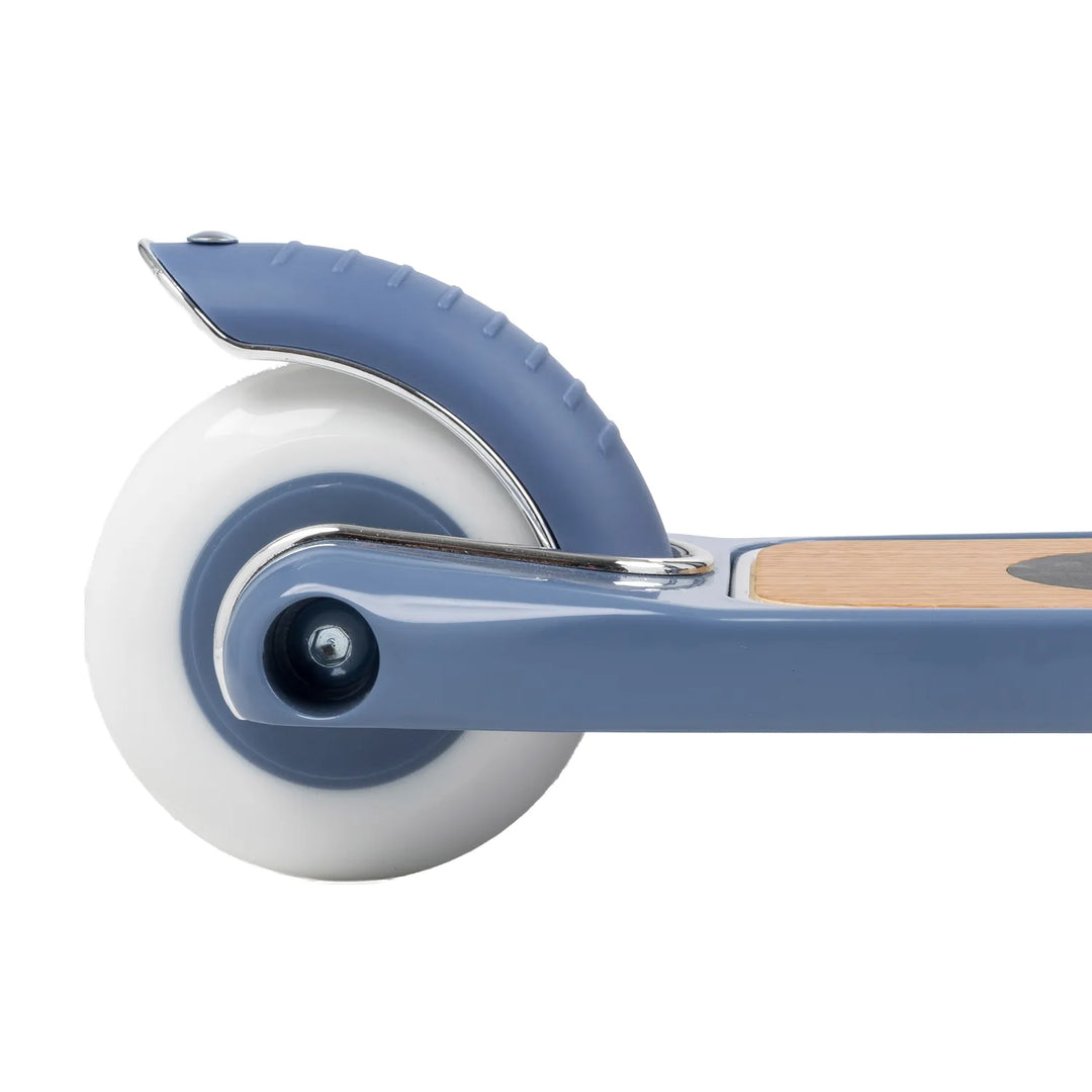 Close-up of Banwood scooter front wheel and back brake mechanism