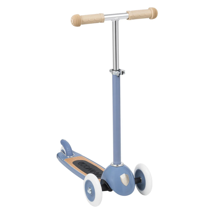 Underneath view of Banwood scooter showing three-wheel base and stem
