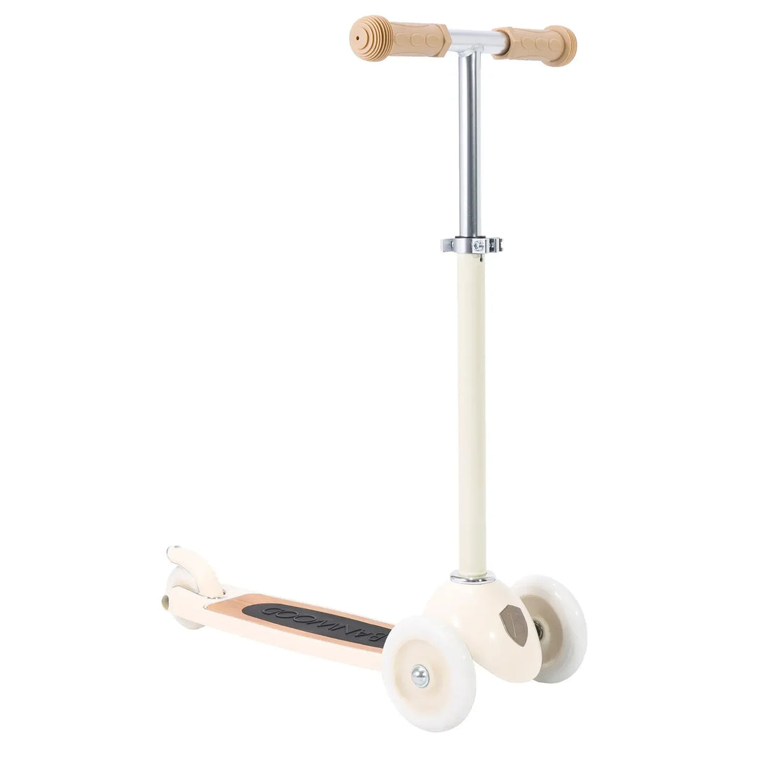 Cream Banwood scooter full view with dual wooden T-bar grips, no basket attached