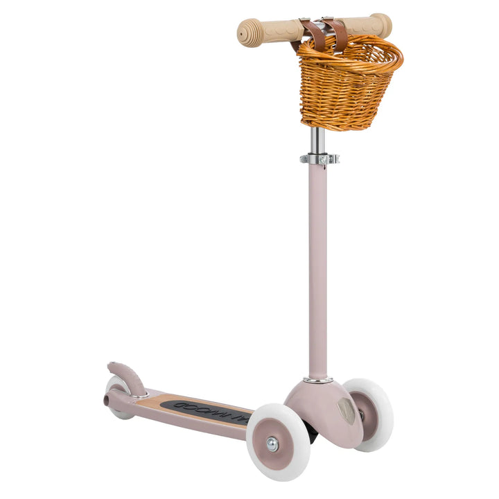 Banwood scooter with wicker basket attached to T-handlebar, dusty pink frame