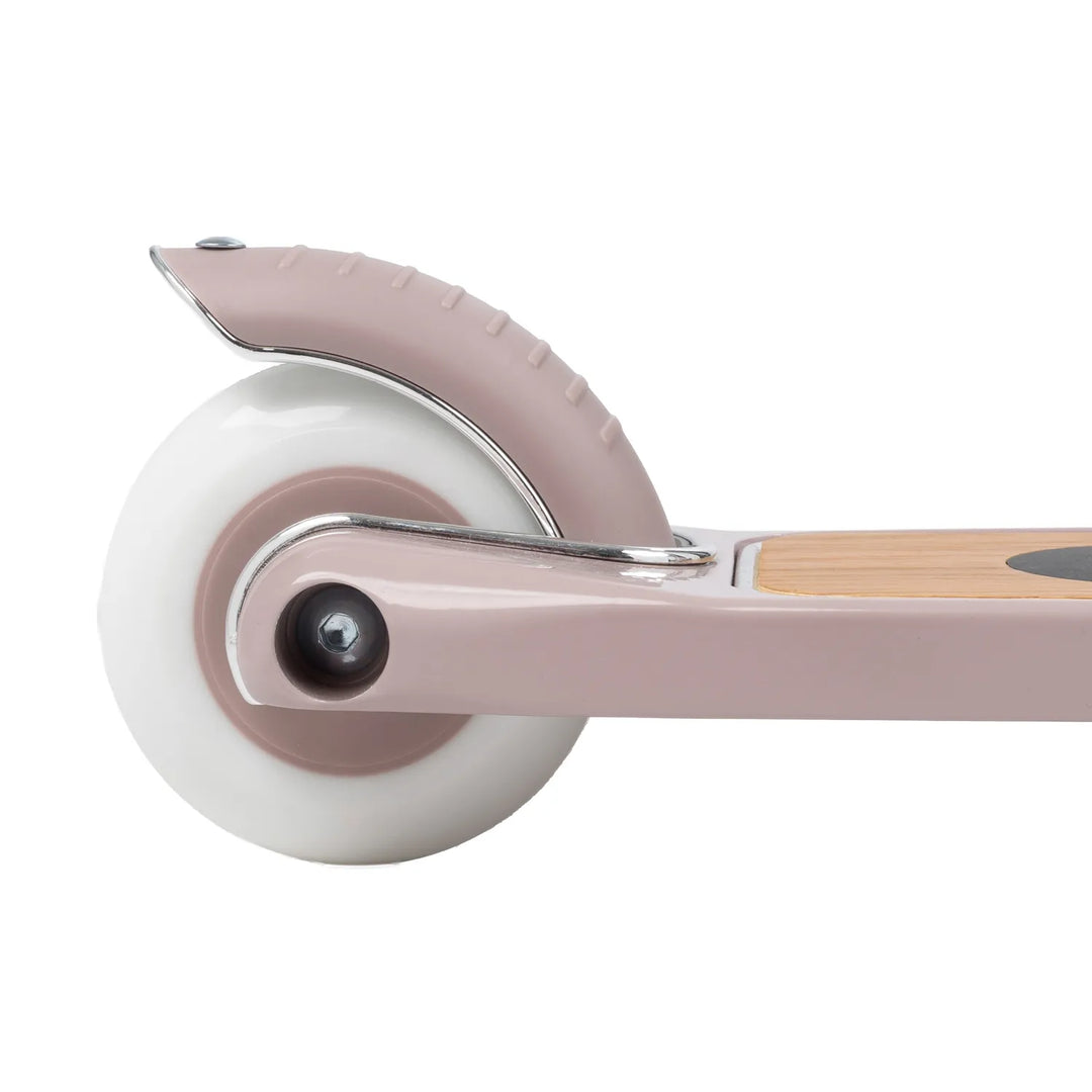 Rear wheel and back brake lever detail on dusty pink Banwood scooter