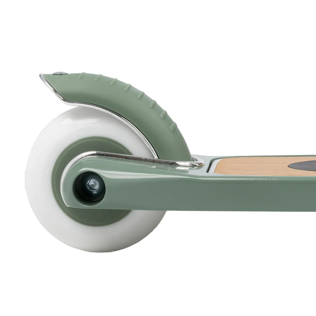 Close-up of wheel showing white rubber tyre and green spoke detail Banwood