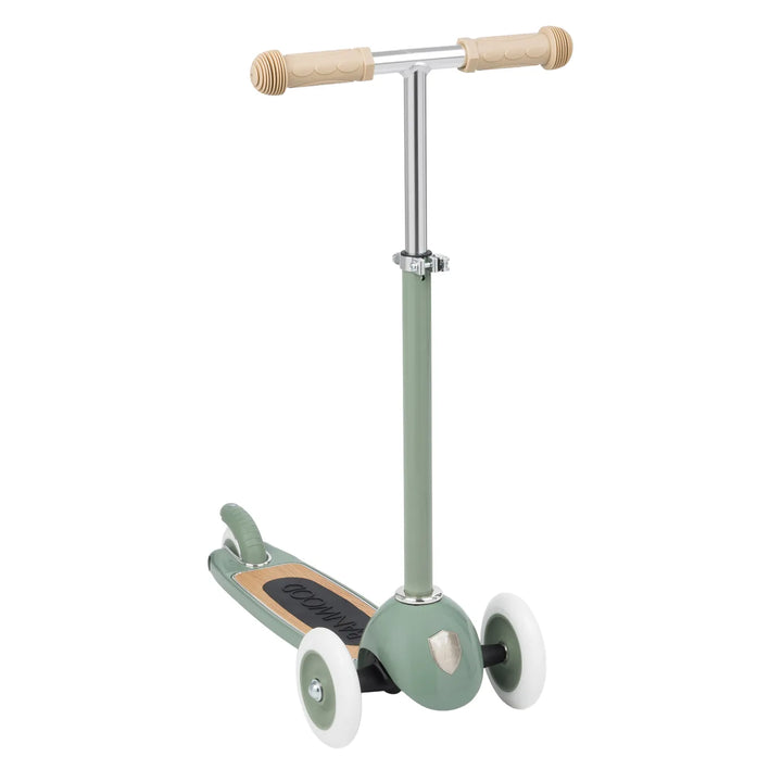 Scooter side view with wooden handlebar grips and steering mechanics visible