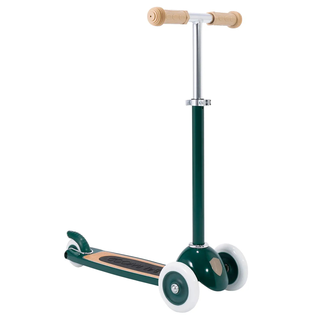Green Banwood scooter with dual wooden handlebars, no basket
