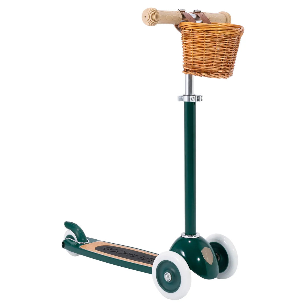 Green Banwood scooter with woven basket attachment on handlebar