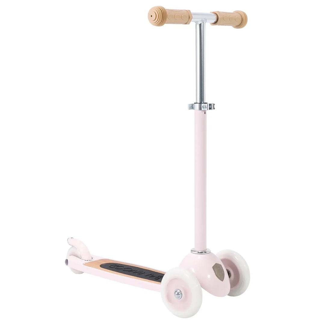 Pink scooter front view with straight wooden handlebar grips and white wheels