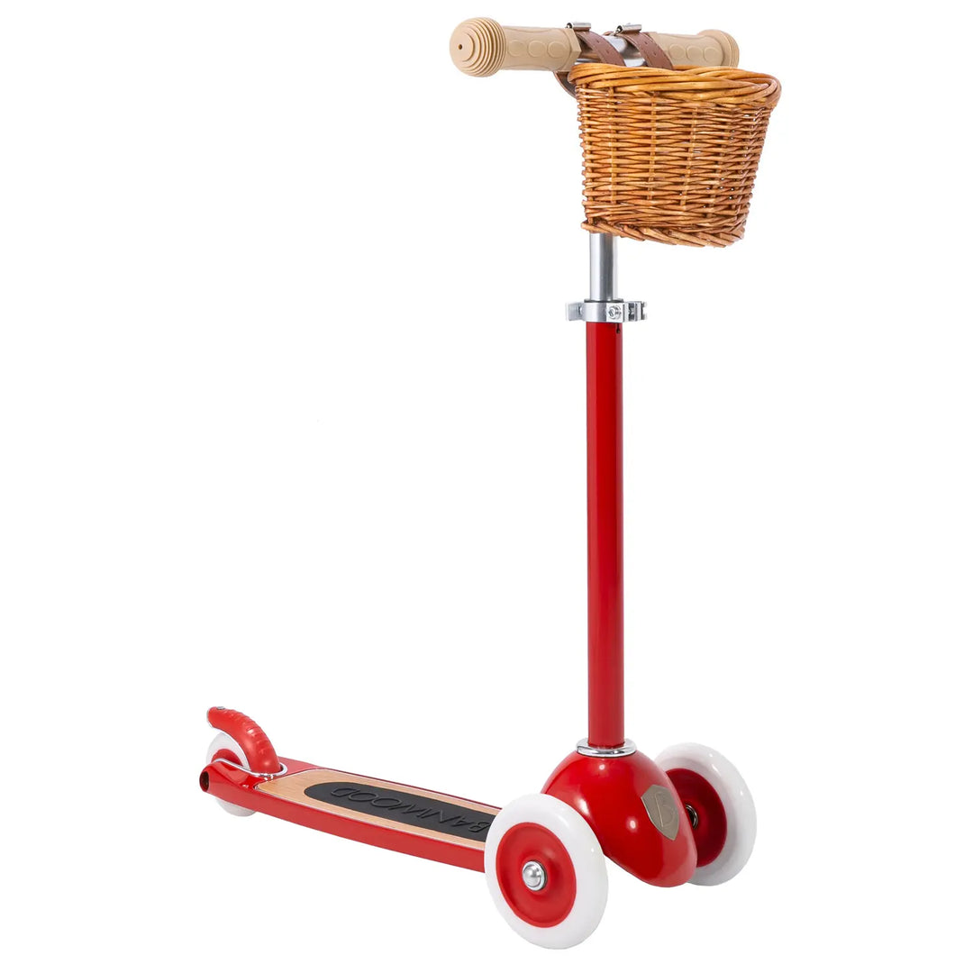 Red Banwood scooter with wicker basket mounted on handlebar, three-wheel design