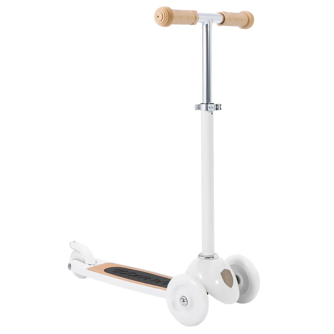 White scooter with straight wooden T-bar handles and no basket attached