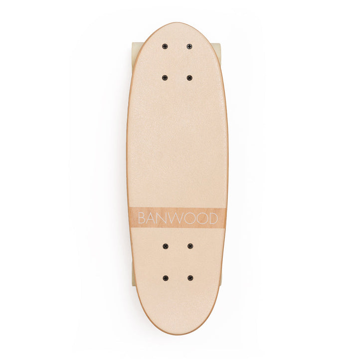 Cream Banwood skateboard deck viewed from above with grip tape mounting holes