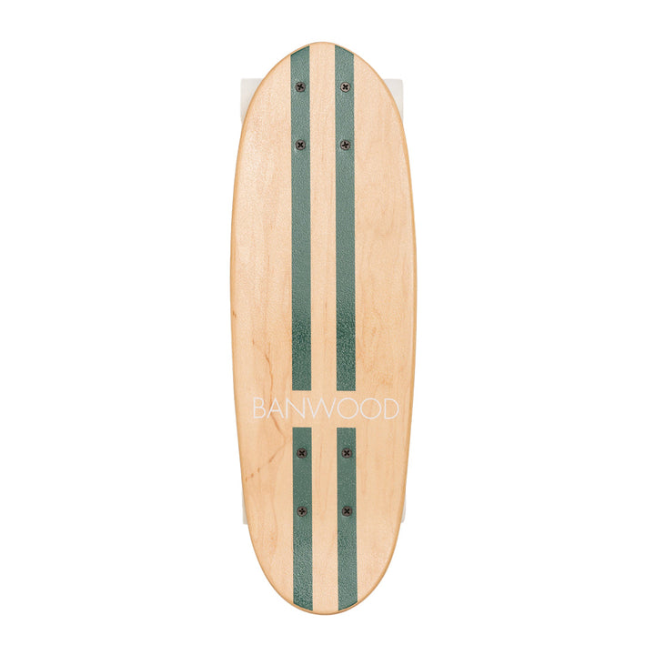 Top view of wooden skateboard deck with green grip tape stripes, Banwood
