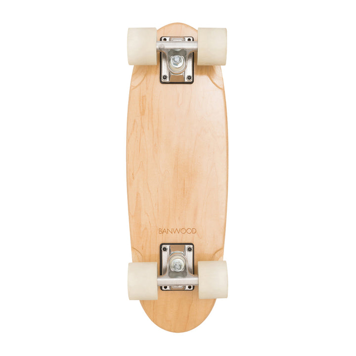 Assembled Banwood skateboard overhead with cream wheels and trucks