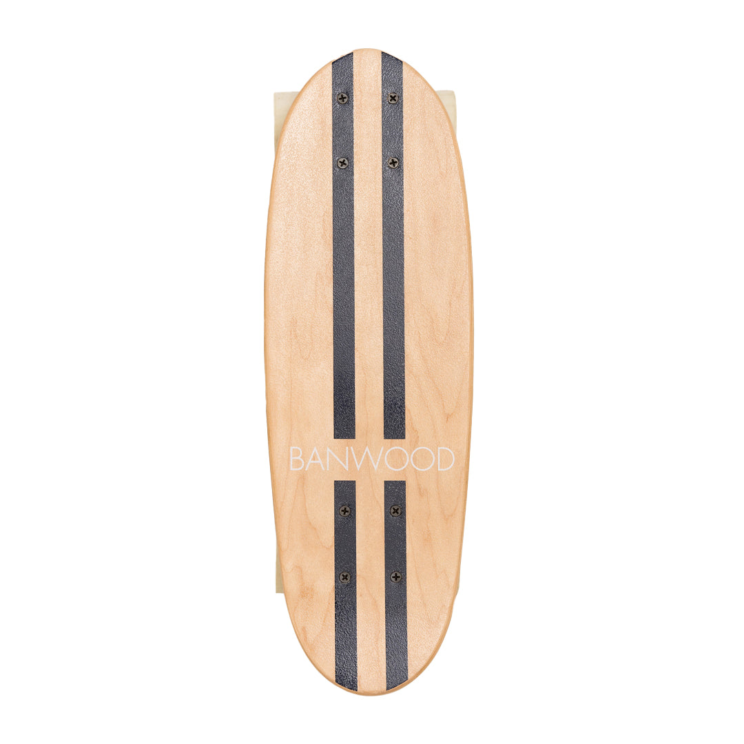 Banwood skateboard deck top view with dual dark grip tape stripes on natural wood