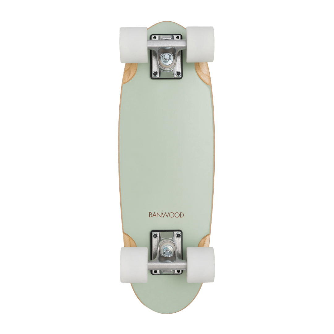 Assembled mint skateboard with white trucks and wheels, flat view