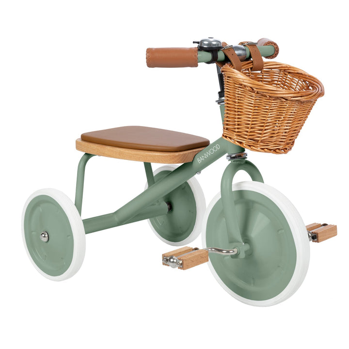 Side profile view of trike showing oak seat, wicker basket and wheel construction