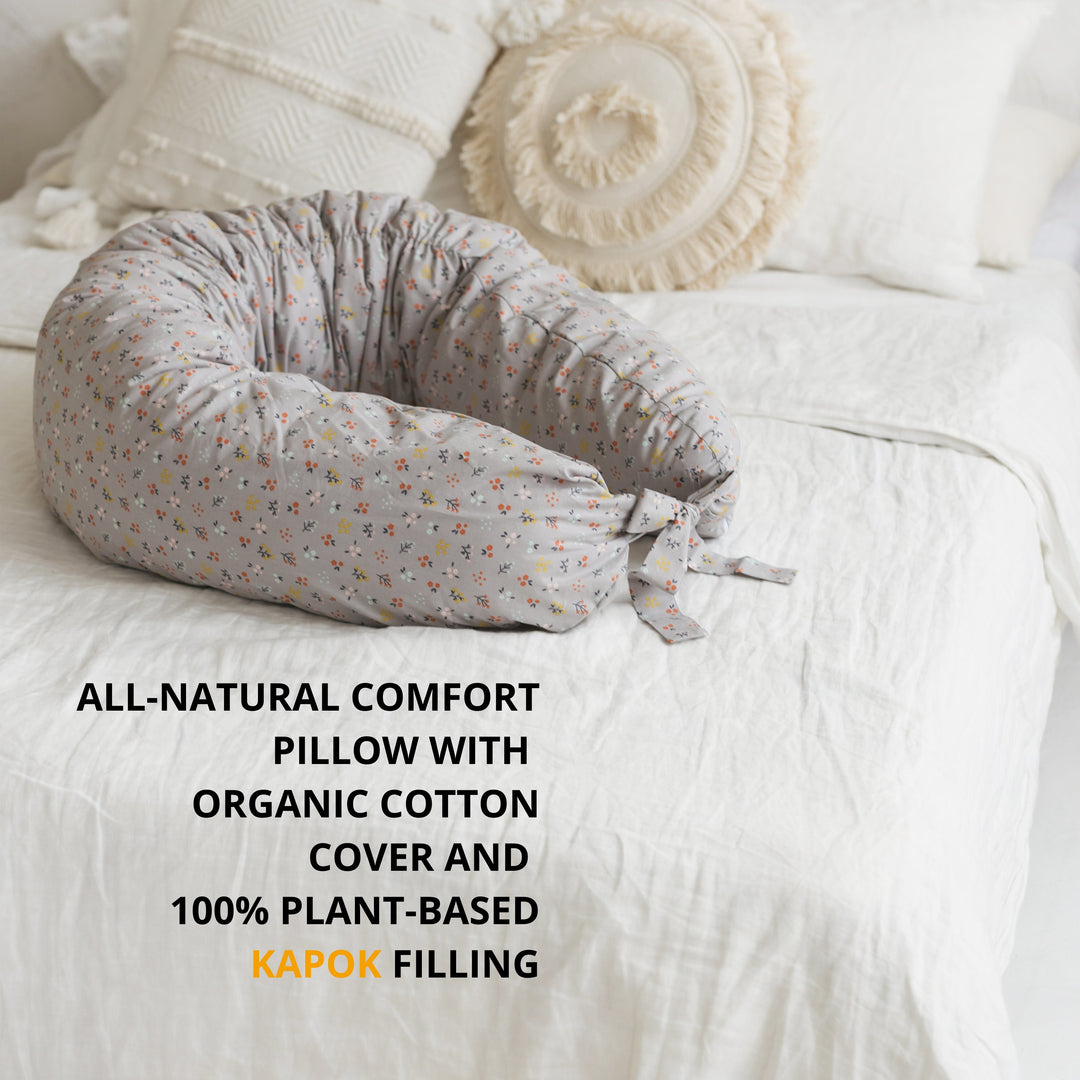 MINICAMP C-Shape Pillow, Grey floral organic cotton cover, product photograph