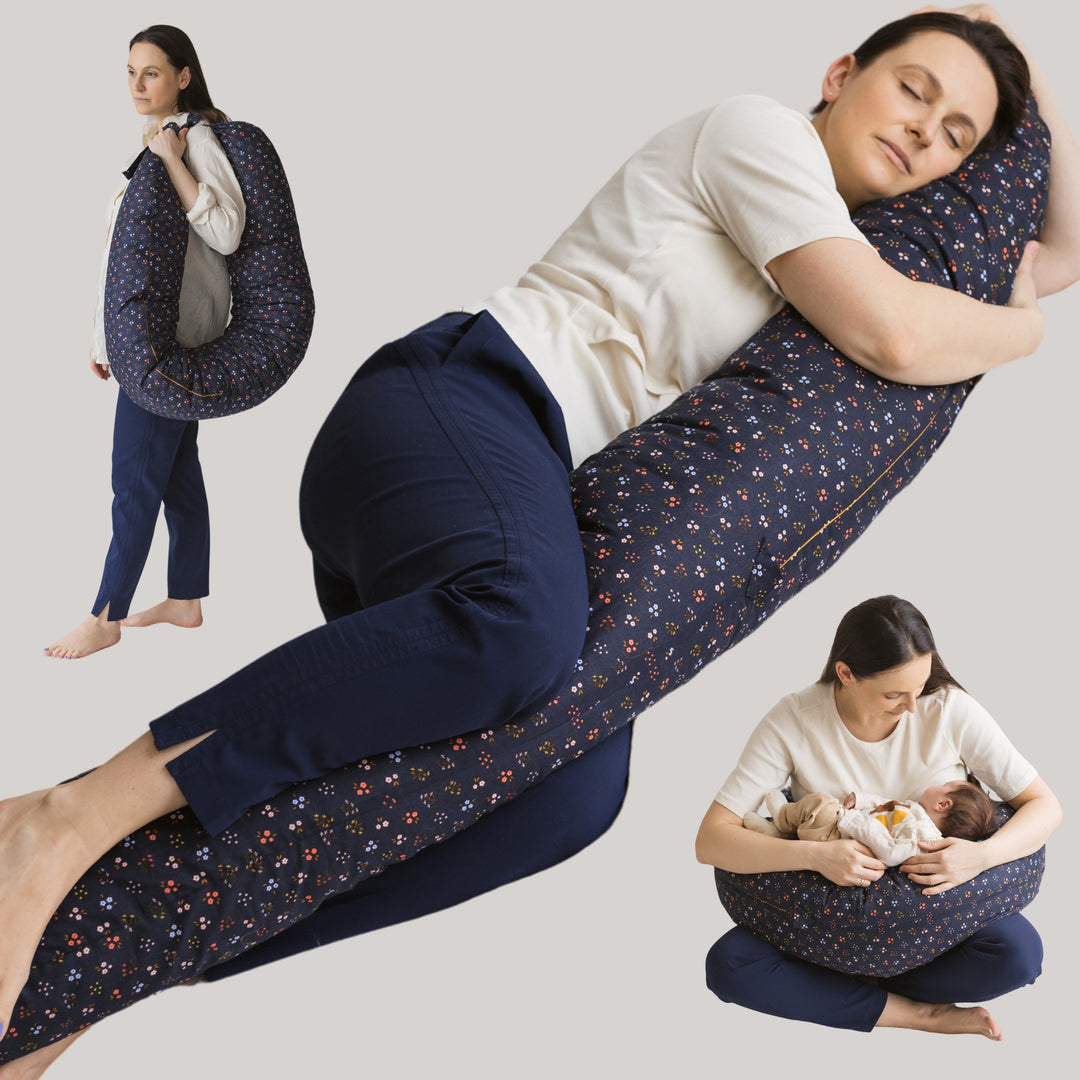 MINICAMP C-Shape Pillow, Navy Blue floral organic cotton cover, collage showing carrying, side-sleeping and nursing use