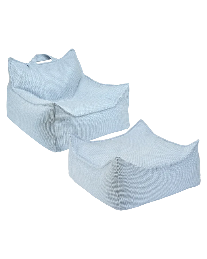 Light blue outdoor beanbag chair and square ottoman pair, angled studio view