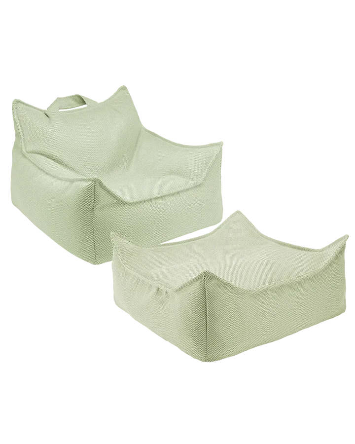 Sage green outdoor beanbag chair and square ottoman pair, angled studio view