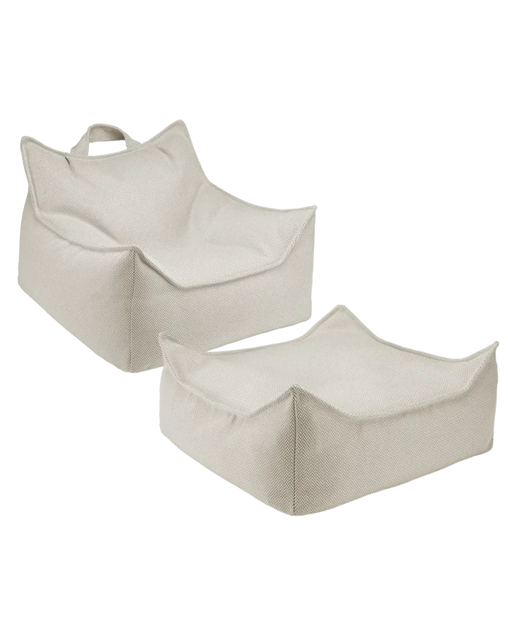 Cream outdoor beanbag chair and square ottoman pair, angled studio view
