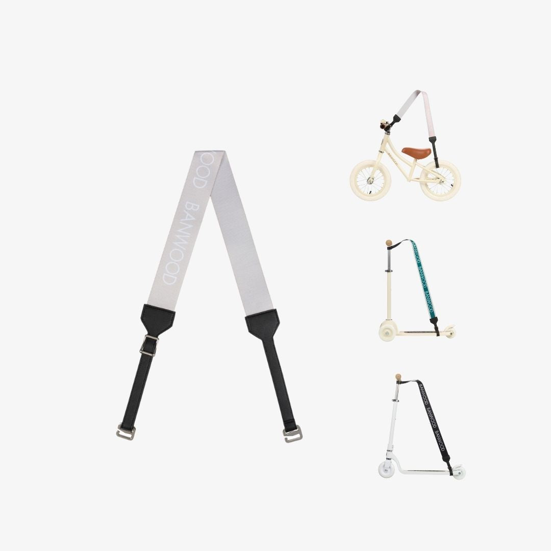 Cream carry strap alongside Banwood balance bike and scooter product lineup