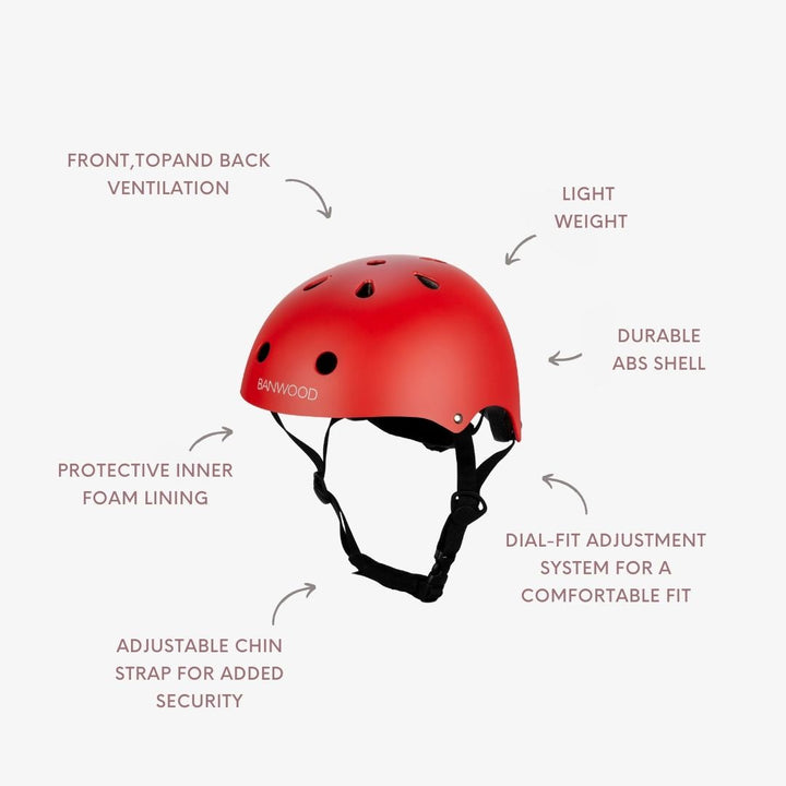 Banwood Classic Helmet feature diagram labelling ventilation, ABS shell, dial-fit system and chinstrap
