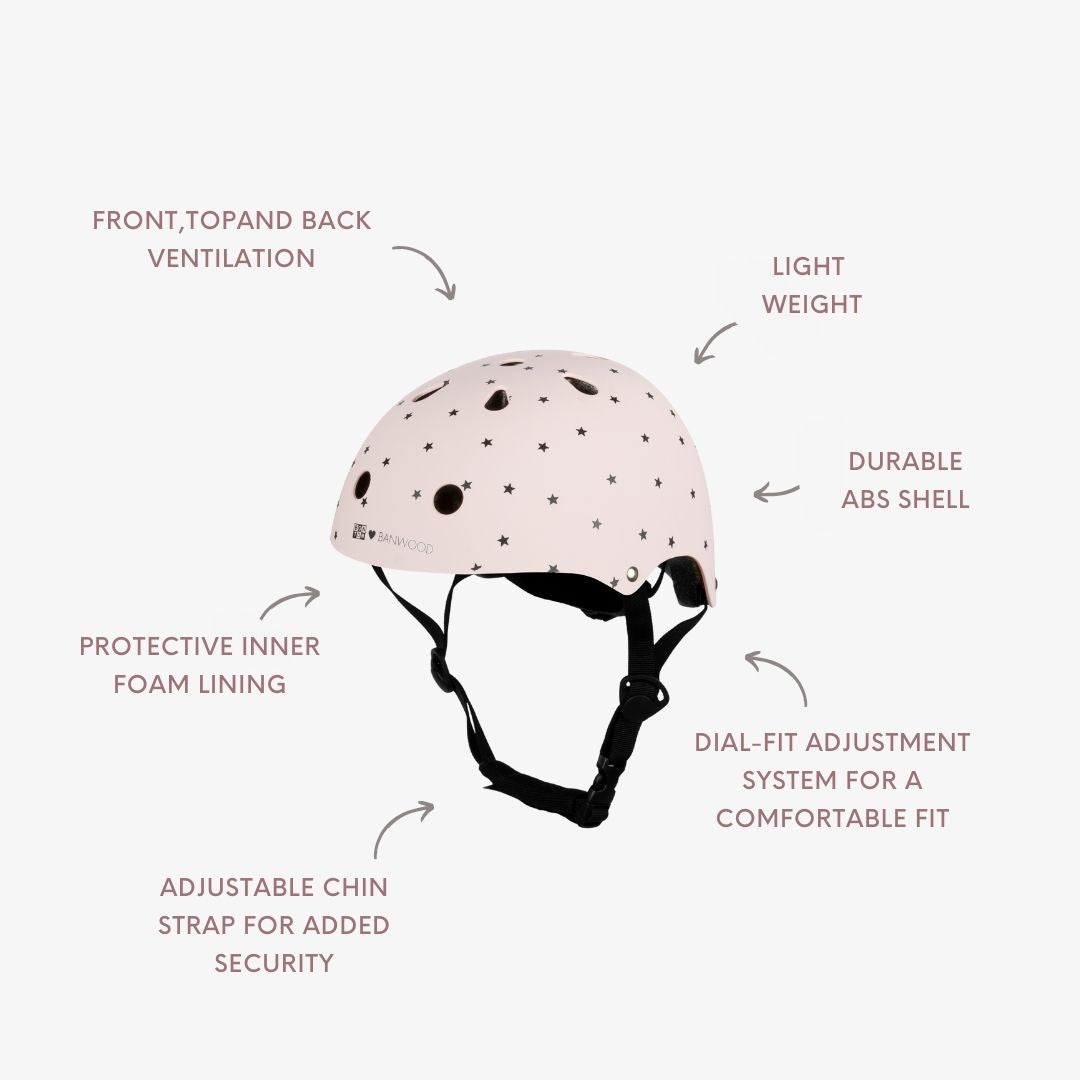 Banwood helmet feature diagram highlighting ventilation, ABS shell, foam lining, and fit adjustment