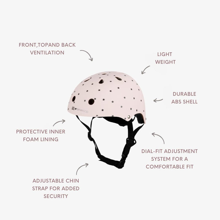 Banwood helmet feature diagram highlighting ventilation, ABS shell, foam lining, and fit adjustment