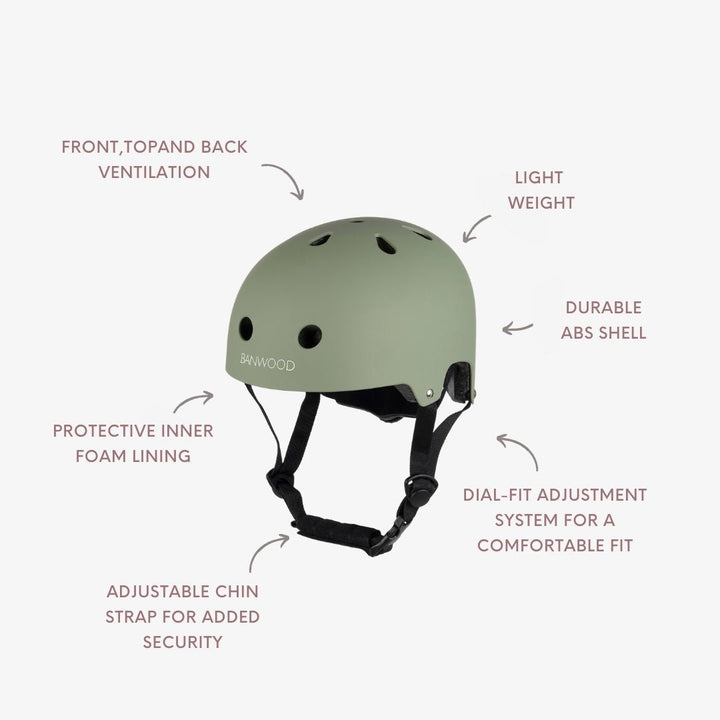 Banwood helmet feature diagram labelling ventilation, foam lining, ABS shell and adjustment system