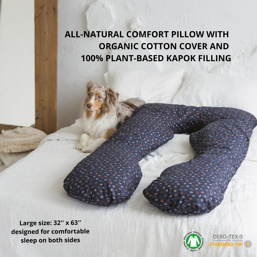 MINICAMP U-shaped comfort pillow in navy blue, all-natural organic cotton cover with kapok filling
