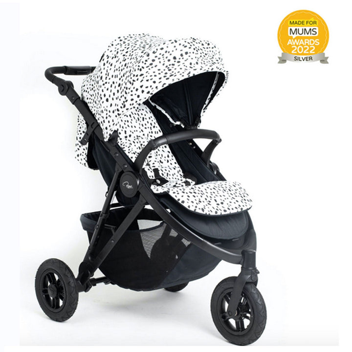 Roma Atlas 3 wheel pram in Dalmatian print, front three-quarter view on black chassis