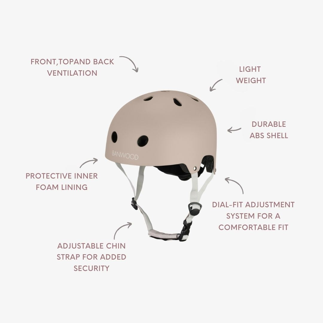 Banwood helmet feature diagram labelling ventilation, ABS shell, foam lining, and adjustable fit