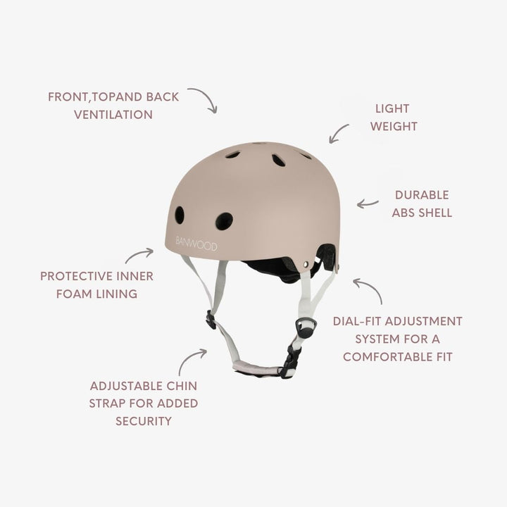 Banwood helmet feature diagram labelling ventilation, ABS shell, foam lining, and adjustable fit