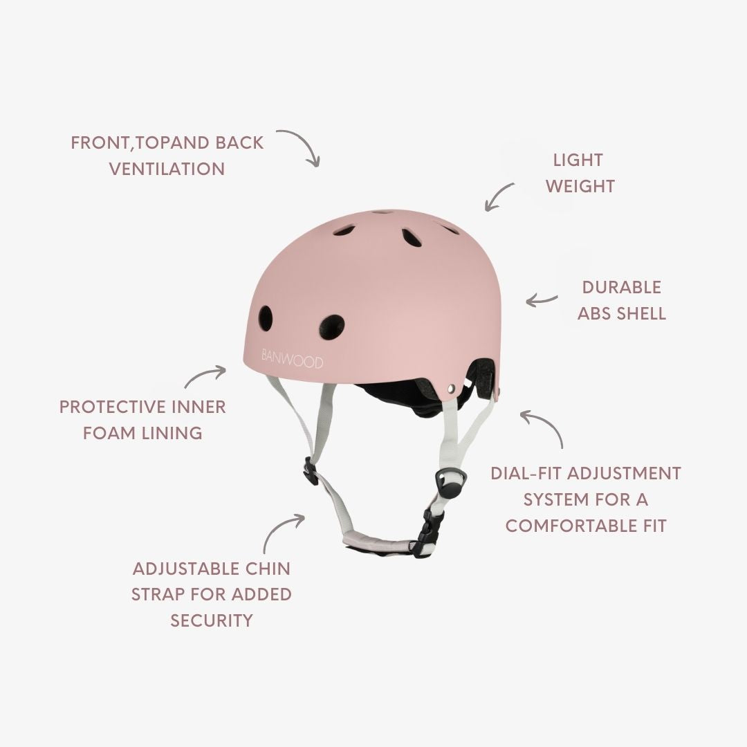 Banwood helmet with labelled features: ventilation, weight, durable shell, foam lining, chin strap, dial-fit adjustment