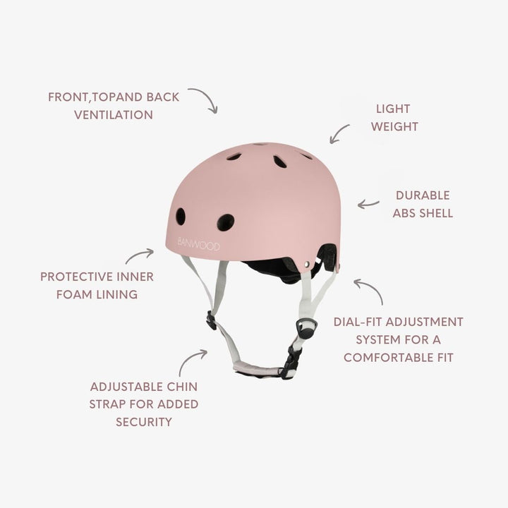 Banwood helmet with labelled features: ventilation, weight, durable shell, foam lining, chin strap, dial-fit adjustment