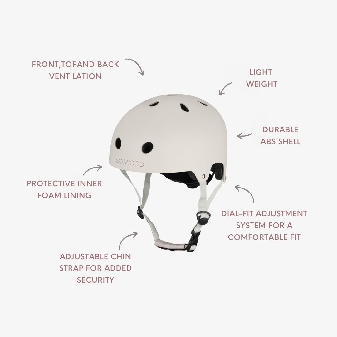 Banwood helmet specifications diagram showing ventilation, foam lining, and dial-fit adjustment