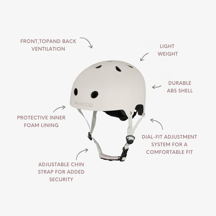 Banwood helmet specifications diagram showing ventilation, foam lining, and dial-fit adjustment