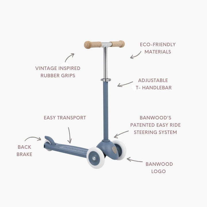 Annotated scooter highlighting eco-materials, vintage grips, adjustable handlebar and steering system