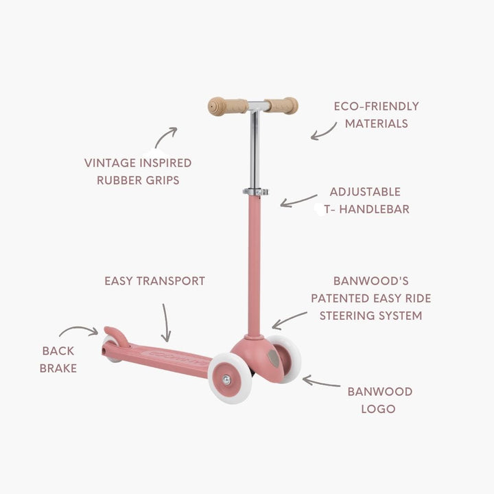 Product diagram labelling eco-materials, wooden grips, adjustable handlebar, steering system and brake