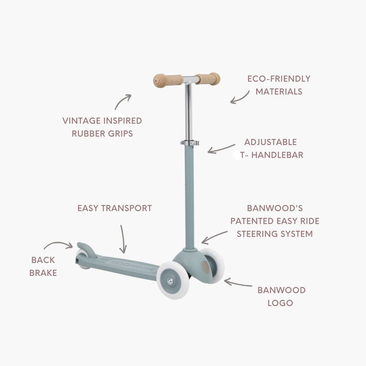 Scooter feature diagram with text labels for eco materials, handlebar, brakes and steering system Banwood