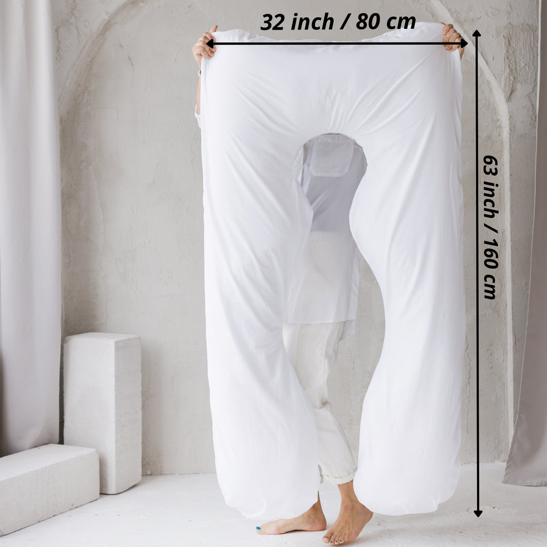 MINICAMP U-shaped body pillow in white shown at full length, 80cm by 160cm
