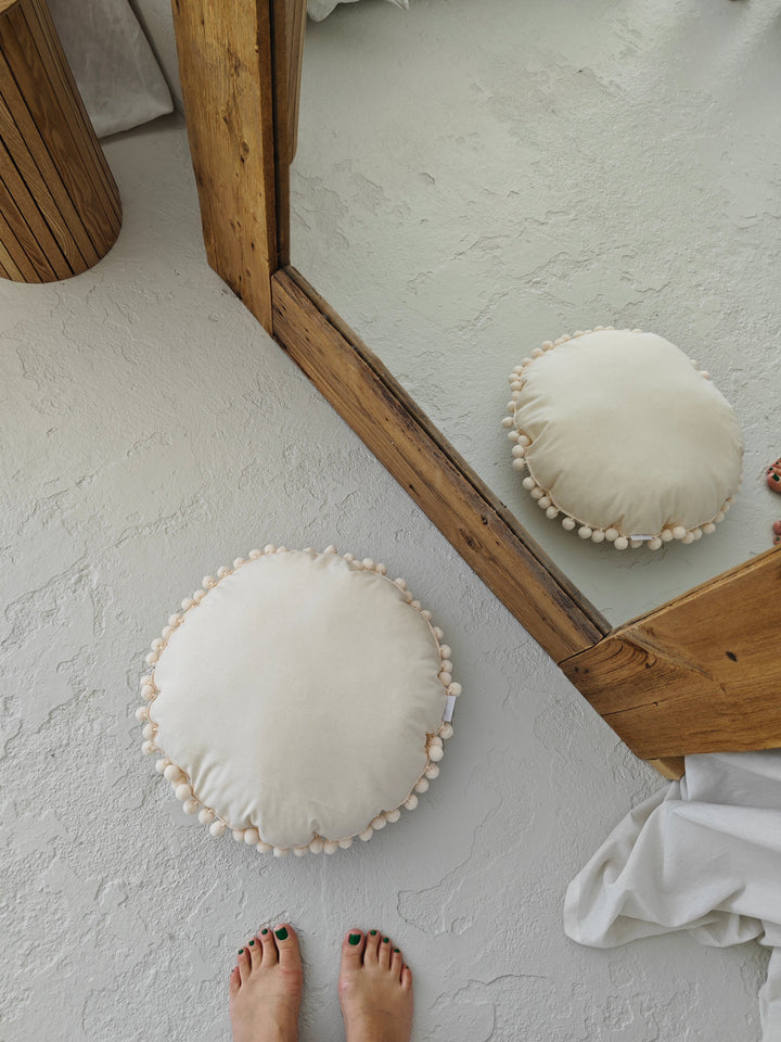 MINICAMP Throw Pillow in Ecru with Pompom Trim