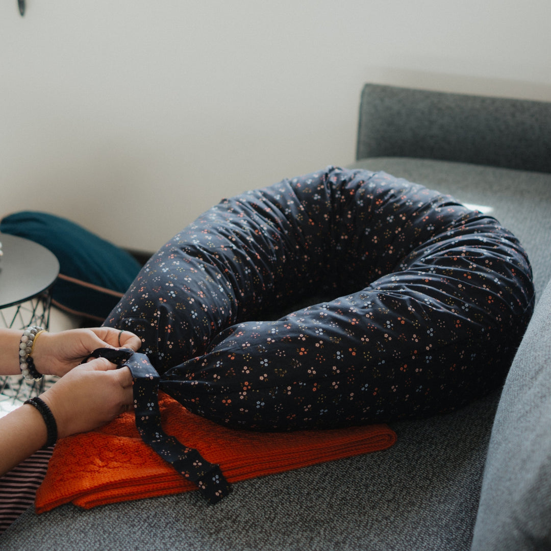 MINICAMP C-Shape Pillow, Navy Blue floral organic cotton cover, product photograph