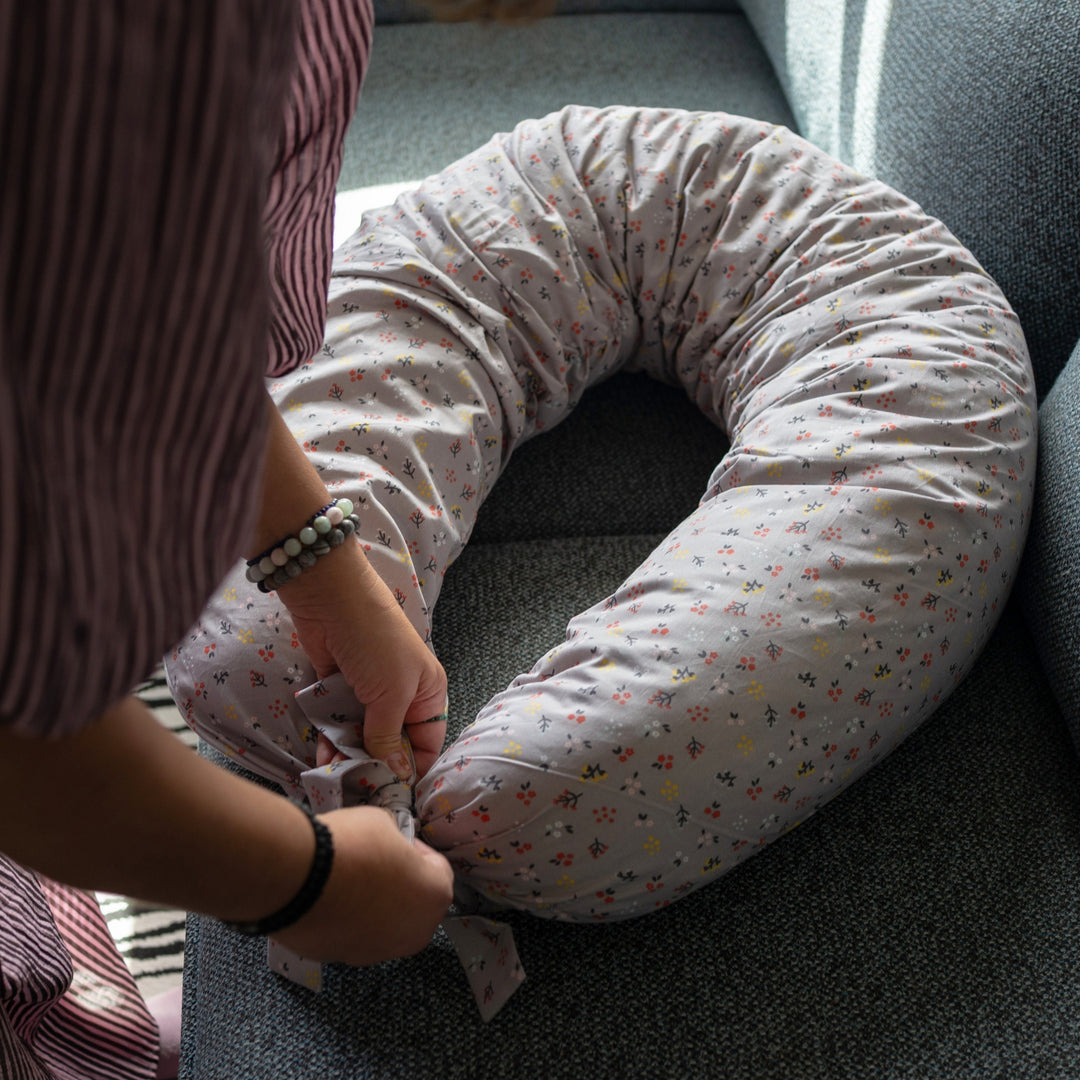 MINICAMP C-Shape Pillow, Grey floral organic cotton cover, product photograph