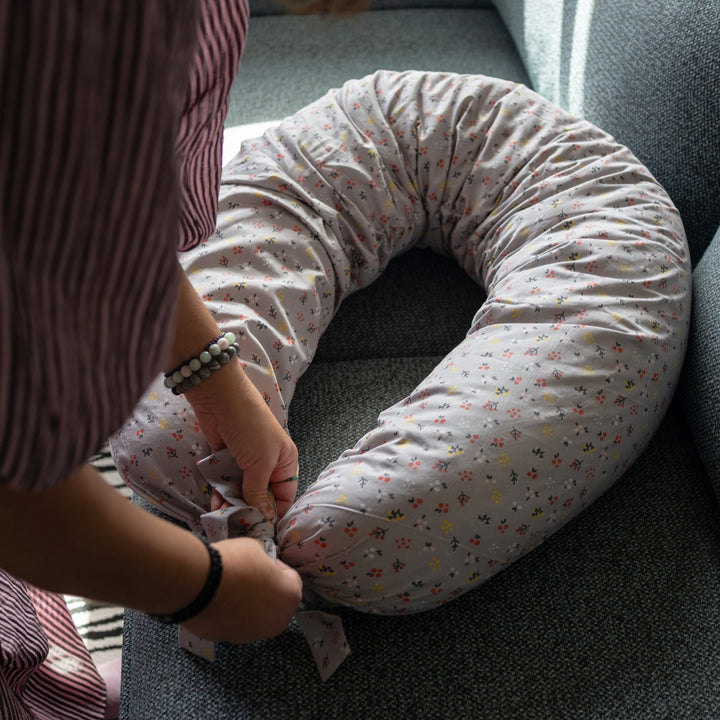 MINICAMP C-Shape Pillow, Grey floral organic cotton cover, product photograph