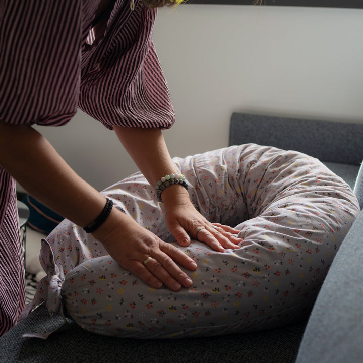 MINICAMP C-Shape Pillow, Grey floral organic cotton cover, product photograph