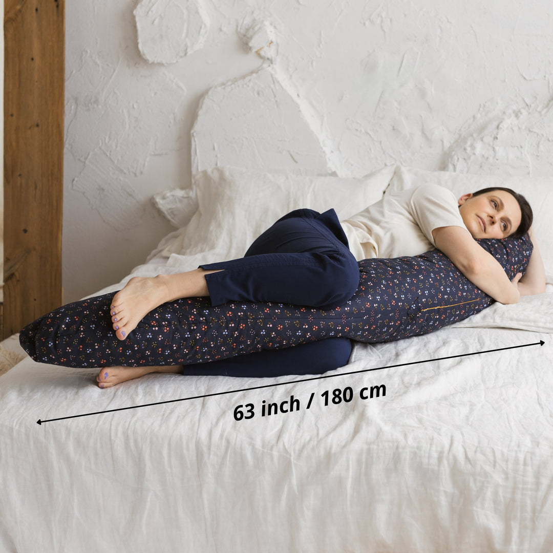 MINICAMP C-Shape Pillow, Navy Blue floral organic cotton cover, product photograph