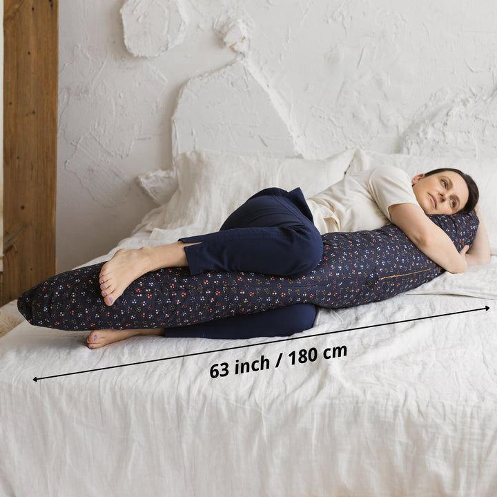 MINICAMP C-Shape Pillow, Navy Blue floral organic cotton cover, product photograph