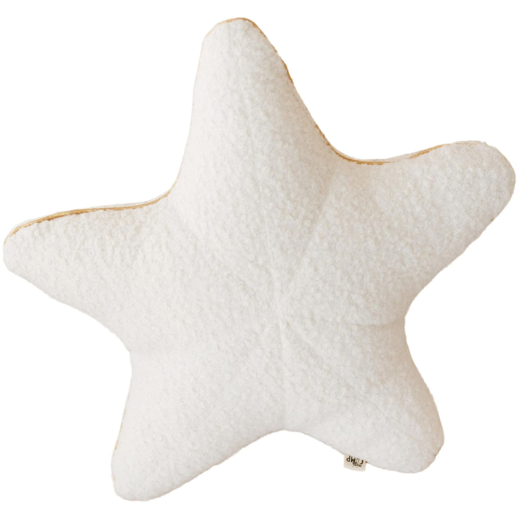 Ecru bouclé starfish cushion with golden metallic trim, front view